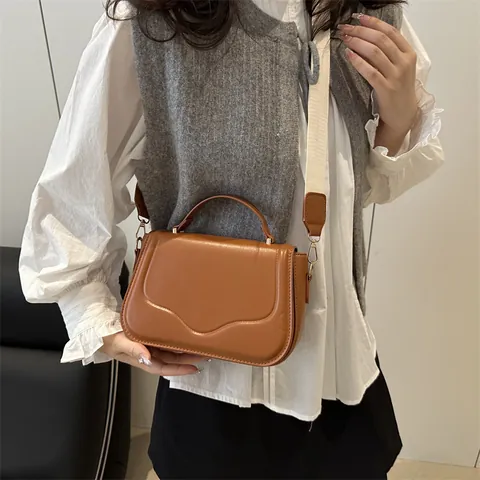 Fashion Women Wavy Edge Flap Handbag PU Leather Small Square Crossbody Bag With Wide Fabric Strap Commuting Shoulder Bag