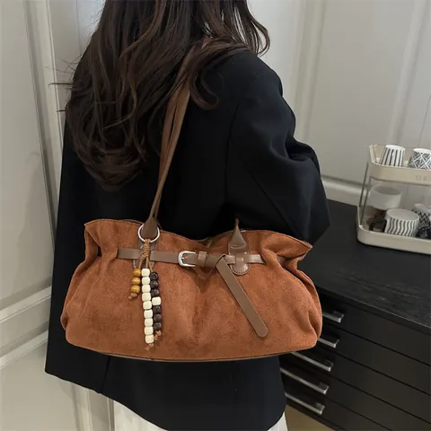 Retro Damen Wildlederimitat Umhängetasche Große Kapazität Böhmische Holzperlen Quaste Tote Handtasche Lässige Tägliche Pendeltasche
