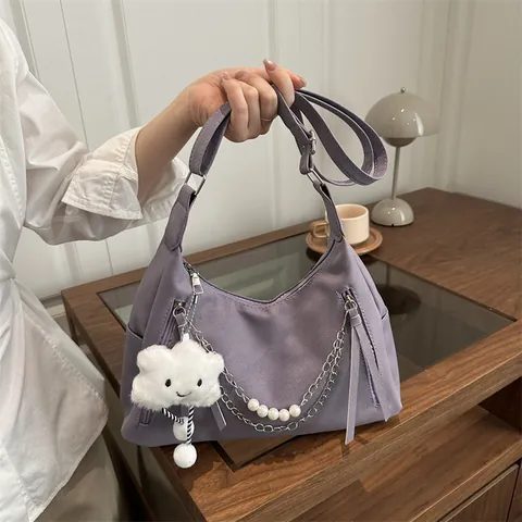 Sac à Épaule Hobo Rétro Simple Pour Femme Avec Décoration Chaîne En Perles Et Pendentif Nuage Sac Sous Les Aisselles Tendance