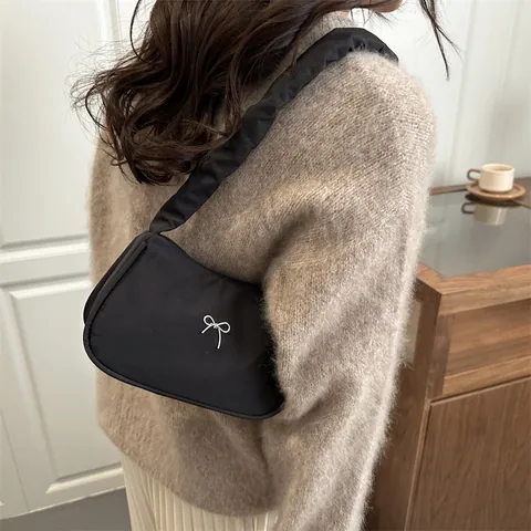 Women Fashion Nylon Underarm Bag With Ruched Handle Silver Bow Decor Casual Solid Color Small Tote Shoulder Bag For Dating Daily