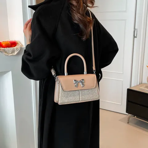 Women Bowknot Sequin Small Square Handbag Fashion Glitter Patchwork Shoulder Crossbody Bag With Handle And Detachable Strap