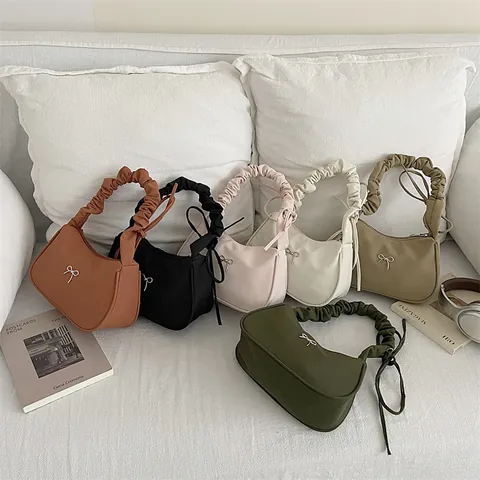 Damen Koreanischer Stil Geraffte Achseltasche Mit Metallschleife Dekoration Falten Schultertasche Trendige Elegante Handtasche