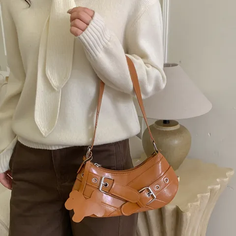 Women Y2K Retro Punk Shoulder Bag Glossy PU Leather Underarm Bag With Belt Buckles Metal Eyelets Half Moon Purse For Ladies