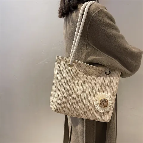 Woven Straw Tote Bag With Daisy Flower Decor Cotton Rope Handle Large Capacity Summer Beach Shoulder Bag For Women Casual