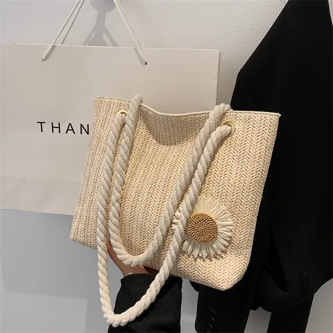 Woven Straw Tote Bag With Daisy Flower Decor Cotton Rope Handle Large Capacity Summer Beach Shoulder Bag For Women Casual