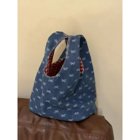 Simpatica Borsa a Mano in Denim Nodo Reversibile Piccola Borsa da Polso Con Motivo a Fiocco Fodera Gingham Rosso e Bianco Mini Tote da Donna