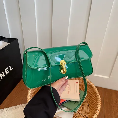 French Vintage Patent Leather Underarm Bag For Women Fashion Small Square Shoulder Bag With Metallic Lock Buckle Solid Color