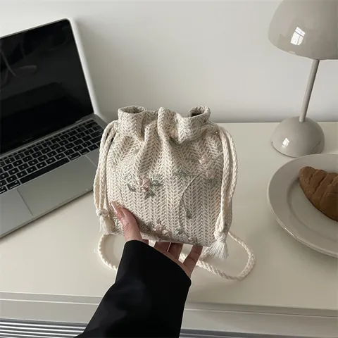 Women Vintage Floral Embroidered Drawstring Bucket Bag Woven Cotton Linen Crossbody Shoulder Bag Casual Holiday Beach Pouch Handbag
