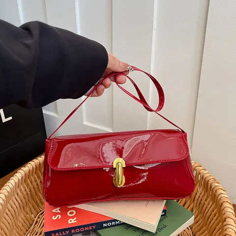 French Vintage Patent Leather Underarm Bag For Women Fashion Small Square Shoulder Bag With Metallic Lock Buckle Solid Color