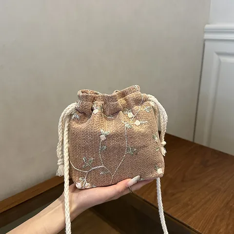 Women Vintage Floral Embroidered Drawstring Bucket Bag Woven Cotton Linen Crossbody Shoulder Bag Casual Holiday Beach Pouch Handbag