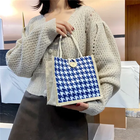 Vintage Hahnentritt Leinwand Tragetasche Für Damen Mit Baumwollseilgriff Und Holzknopf Lässige Mini Handtasche Retro Zebramuster Tasche