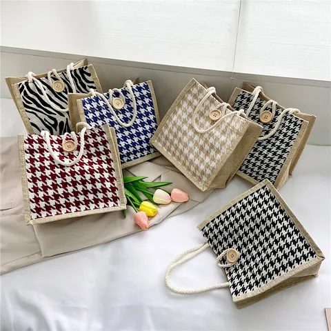 Vintage Hahnentritt Leinwand Tragetasche Für Damen Mit Baumwollseilgriff Und Holzknopf Lässige Mini Handtasche Retro Zebramuster Tasche