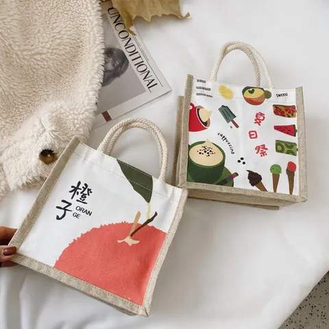 Japanese Style Canvas Jute Tote Bag Small Square Handbag With Cotton Rope Handle Printed Fruit Bread Women Casual Bag