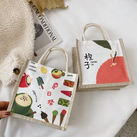 Japanese Style Canvas Jute Tote Bag Small Square Handbag With Cotton Rope Handle Printed Fruit Bread Women Casual Bag