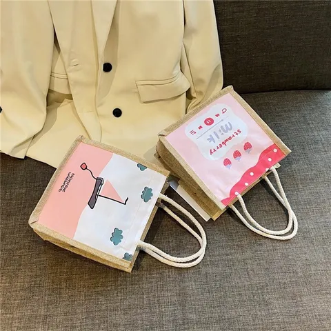 Vintage Jute Canvas Tote Bag With Cotton Rope Handle Korean Style Handbag Women Casual Shopping Lunch Bag Small Square