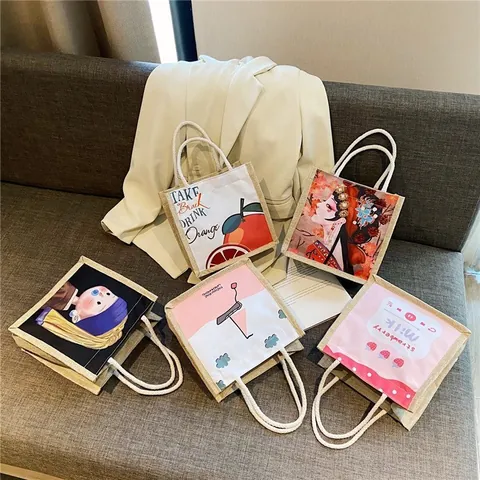 Vintage Jute Canvas Tote Bag With Cotton Rope Handle Korean Style Handbag Women Casual Shopping Lunch Bag Small Square