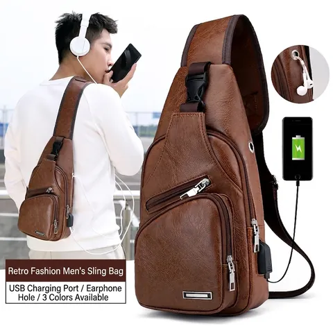 Men's Retro PU Leather Chest Bag With USB Charging Port Crossbody Sling Bag Casual Travel Shoulder Bag Multi-Pocket Pack