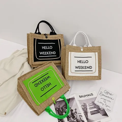 Bolso Tote de Yute Vintage Gran Capacidad Lona Color Contraste Bolso Hello Weekend Estampado Casual Playa Bolso de Hombro