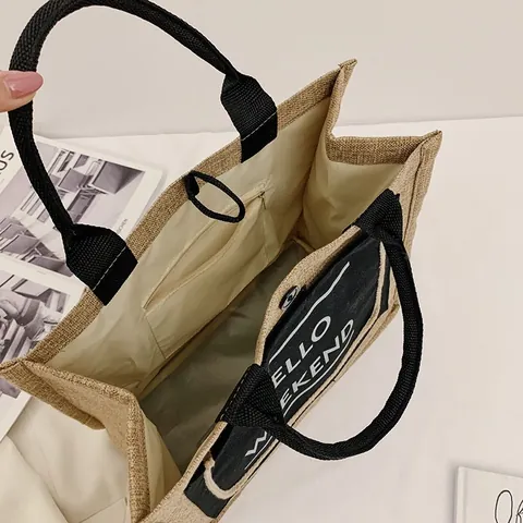 Bolso Tote de Yute Vintage Gran Capacidad Lona Color Contraste Bolso Hello Weekend Estampado Casual Playa Bolso de Hombro