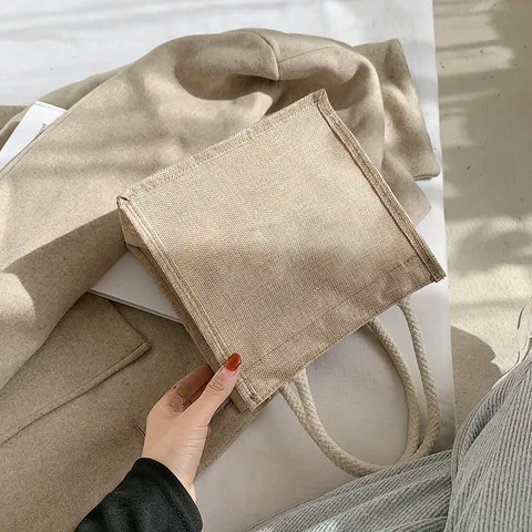 Women Chinese Style Peking Opera Print Canvas Jute Tote Bag Vintage Artistic Handbag With Rope Handle Portable Bento Bag