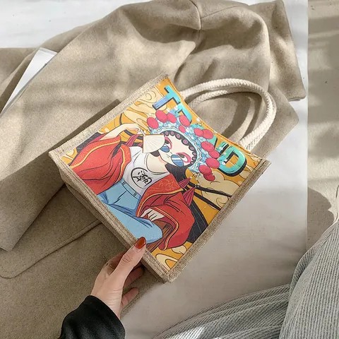 Women Fashion Canvas Jute Tote Bag With Artistic Cartoon Print Sturdy Rope Handle Casual Shoulder Handbag For Daily Shopping