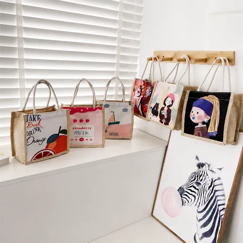 Women Casual Canvas Jute Tote Bag With Rope Handle Artistic Chinese Opera Fruit Print Handbag For Shopping Travel Daily Use
