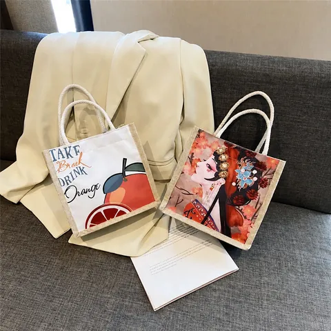 Women Casual Canvas Jute Tote Bag With Rope Handle Artistic Chinese Opera Fruit Print Handbag For Shopping Travel Daily Use