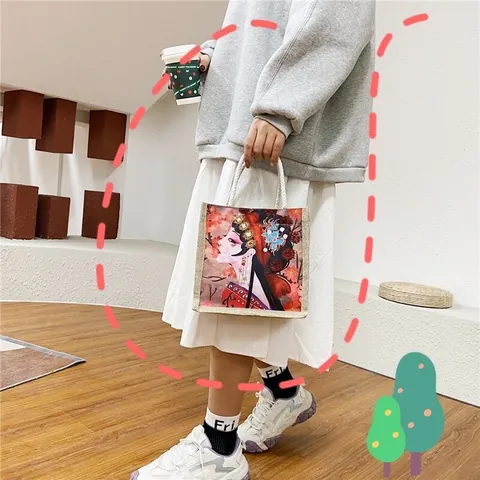 Women Casual Canvas Jute Tote Bag With Rope Handle Artistic Chinese Opera Fruit Print Handbag For Shopping Travel Daily Use