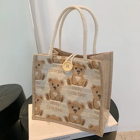 Borsa Tote in Iuta con Orsetto da Donna Piccola Borsa a Mano in Tela con Bottone in Legno e Manico in Corda per Studenti