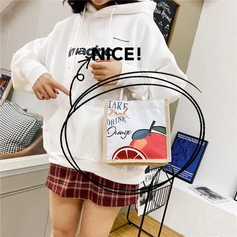 Women Casual Canvas Jute Tote Bag With Rope Handle Artistic Chinese Opera Fruit Print Handbag For Shopping Travel Daily Use