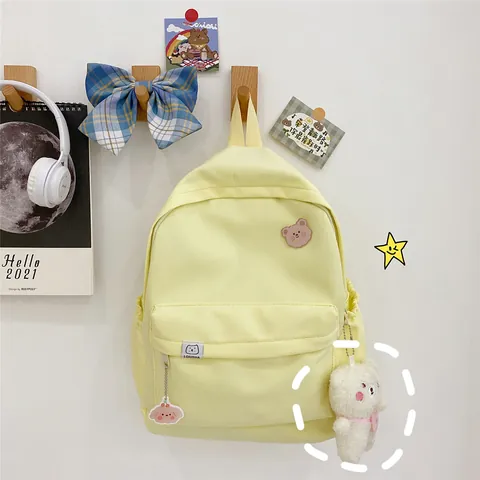 Japanese Korean Style Corduroy School Backpack For Students Cute Bear Pendant Large Capacity Travel Daypack Solid Color Bookbag