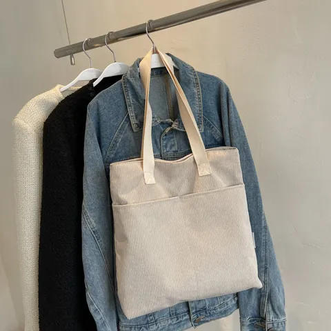 Dames Grote Capaciteit Corduroy Tote Bag Minimalistisch Vintage Schoudertas Met Voorzakken Voor School Woon-werkverkeer