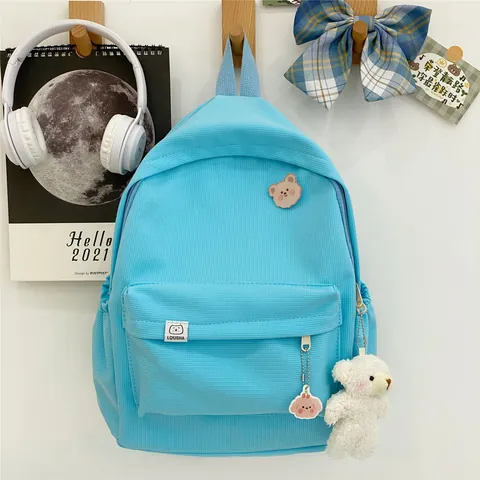 Japanese Korean Style Corduroy School Backpack For Students Cute Bear Pendant Large Capacity Travel Daypack Solid Color Bookbag