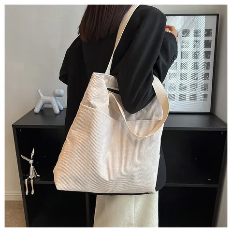 Dames Grote Capaciteit Corduroy Tote Bag Minimalistisch Vintage Schoudertas Met Voorzakken Voor School Woon-werkverkeer