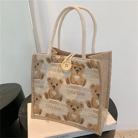 Süße Damen Einkaufstasche aus Baumwolle und Leinen mit Cartoon Bärenprint Happy Little Bear Handtasche mit Seilgriff und Knopfverschluss
