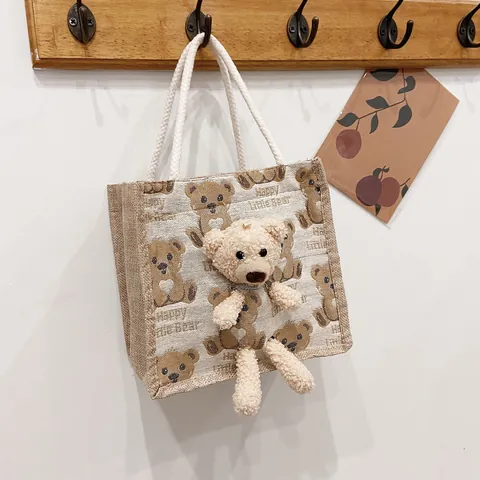 Mignon Sac Fourre-tout en Toile Ours en Peluche 3D Dessin Animé Style Ins Japonais Sac à Main pour Femmes Sac de Rangement pour Boîte à Déjeuner