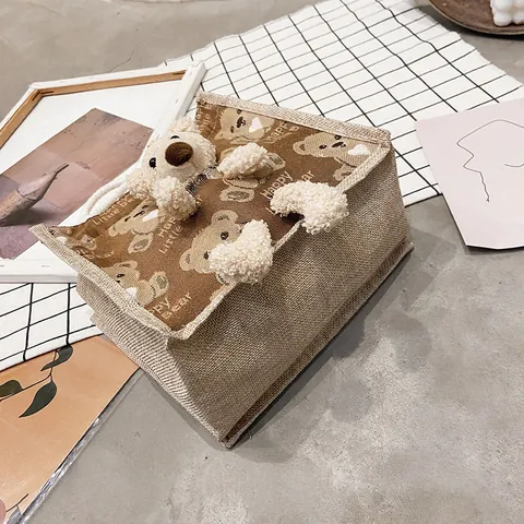 Mignon Sac Fourre-tout en Toile Ours en Peluche 3D Dessin Animé Style Ins Japonais Sac à Main pour Femmes Sac de Rangement pour Boîte à Déjeuner