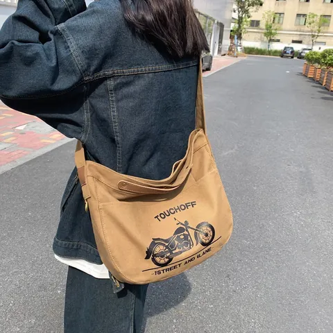Bolso Bandolera de Lona de Gran Capacidad Bolso de Mensajero Vintage Con Estampado de Moto Correa Ancha Bolso de Hombro Casual Mujer