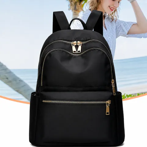 Sac à Dos Décontracté en Toile pour Femmes Imperméable Grande Capacité Cartable Avec Fermeture Éclair Dorée pour Étudiantes Noir