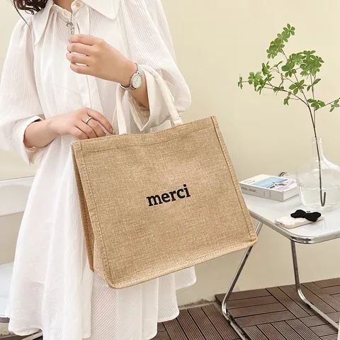 Borsa Tote da Donna con Stampa Merci in Iuta Grande Capacità Minimalista Stile Francese Borsa a Mano per Viaggi Shopping