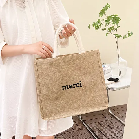 Borsa Tote da Donna con Stampa Merci in Iuta Grande Capacità Minimalista Stile Francese Borsa a Mano per Viaggi Shopping