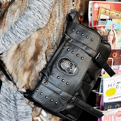 Women Punk Gothic PU Leather Handbag With Rhinestone Skull Metal Rivets Crossbody Shoulder Bag Large Capacity Motorbike Style