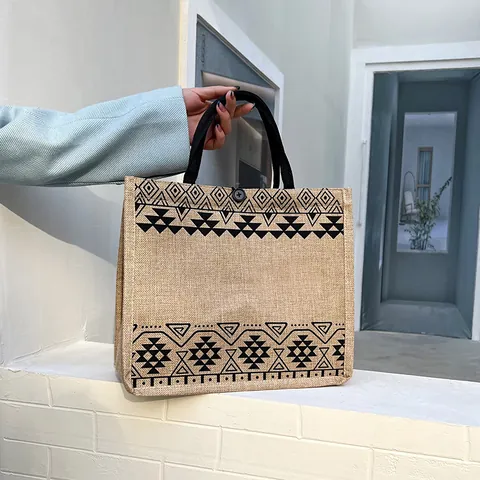 Grand Sac Fourre-tout en Jute pour Femmes Imprimé Géométrique Ethnique Sac de Shopping Rétro Style Bohème