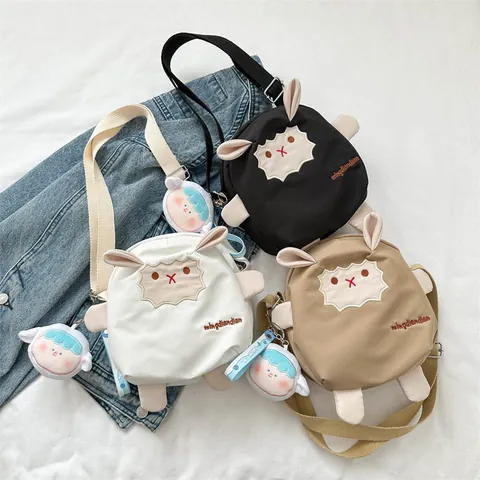 Simpatica Borsa a Tracolla in Tela a Forma di Pecora Per Donna Stile Giapponese Borsa a Spalla Ricamata Con Pendente in Peluche