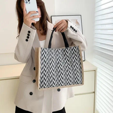 Women Large Capacity Cotton Linen Tote Bag Chevron Wave Pattern Canvas Handbag Commuter Shopping Shoulder Bag Casual Beach Bag