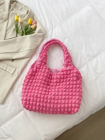 Korean Ins Style Popcorn Texture Tote Bag Women Large Capacity Pleated Underarm Shoulder Bag Polyester Bubble Chic Handbag