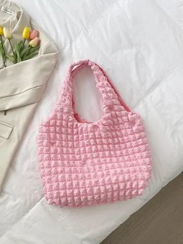 Korean Ins Style Popcorn Texture Tote Bag Women Large Capacity Pleated Underarm Shoulder Bag Polyester Bubble Chic Handbag