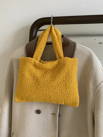 Bolso Tote de Felpa Casual para Mujer Bolso de Mano de Lana de Cordero Color Sólido Otoño Invierno Moda Simple