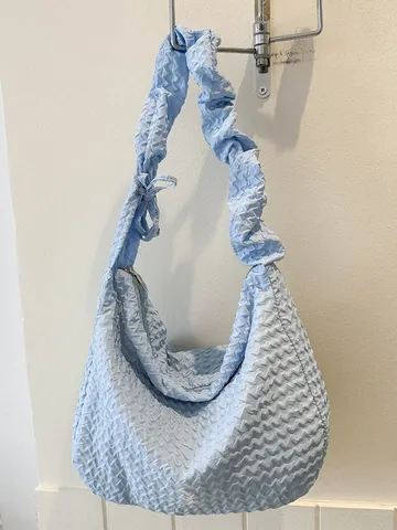 Borsa a Spalla da Donna in Nylon con Textur Popcorn Fiocco Pieghe Borsa Sottobraccio Hobo per Uso Quotidiano Grande Borsa Tote