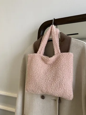 Bolso Tote de Felpa Casual para Mujer Bolso de Mano de Lana de Cordero Color Sólido Otoño Invierno Moda Simple
